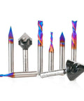 Heavy Duty Eight Piece CNC Router Bit Set For 3D Signmaking Crafted From Premium Carbide With Heat Resistant Ceramic Coating featuring colorful bits.