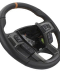 Ford Raptor Style Heated Black Leather Steering Wheel Kit with Orange Stitching and Sightline, includes controls and bezel.