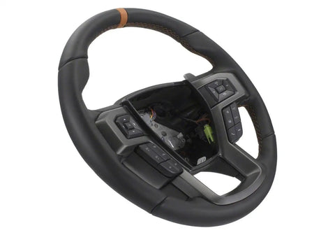 Ford Raptor Style Heated Black Leather Steering Wheel Kit with Orange Stitching and Sightline, includes controls and bezel.