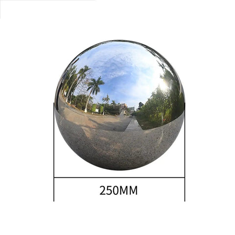 Dope Polished Hollow Stainless Steel Ball 201 Grade reflecting outdoor scene, 250mm diameter, 0.6mm wall thickness