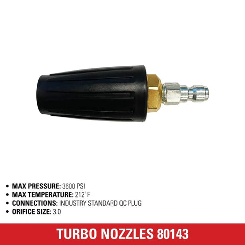 Turbo Pressure Washer Nozzle With 3600 PSI Universal Fit For Gas And Electric Washers One Quarter Inch Quick Connect Hot Or Cold Water Ready, side view with quick connect visible.