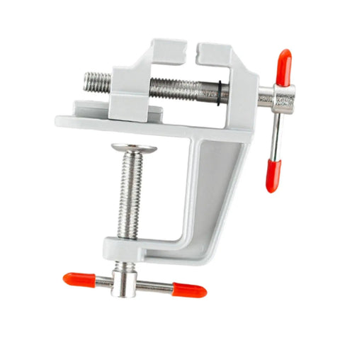 Portable Home Vice Clamp For Small Projects, Nonslip Cast Steel Mini Workbench Accessory with red handles, side view