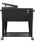 Side view of black oversized 80 quart rolling cooler cart with shelf, bottle opener, wheels, and open lid