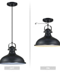 Three Pack Industrial Pendant Lights Black Metal Finish shown in on and off states, side view dimensions included.