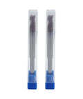 Front view of two 1/4 in reduced-shank router end mills, 5/16 in 37° helix, 3-flute carbide, ZRN coating, in clear tubes with blue caps.