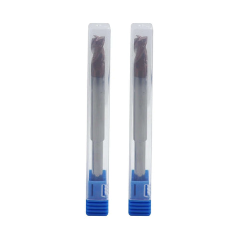Front view of two 1/4 in reduced-shank router end mills, 5/16 in 37° helix, 3-flute carbide, ZRN coating, in clear tubes with blue caps.