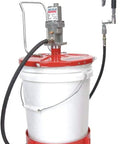 Pneumatic Grease Pump For 25-50Lb Pails, 40:1 Ratio Up To 4,000 PSI, 7 Ft High Pressure Hose, mounted on a mobile cart.