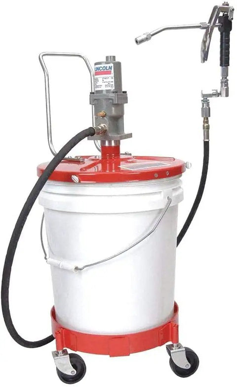 Pneumatic Grease Pump For 25-50Lb Pails, 40:1 Ratio Up To 4,000 PSI, 7 Ft High Pressure Hose, mounted on a mobile cart.