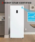 14 Cubic Foot Upright Freezer Refrigerator In Stainless Steel, Energy Star Certified unit in modern kitchen setting.