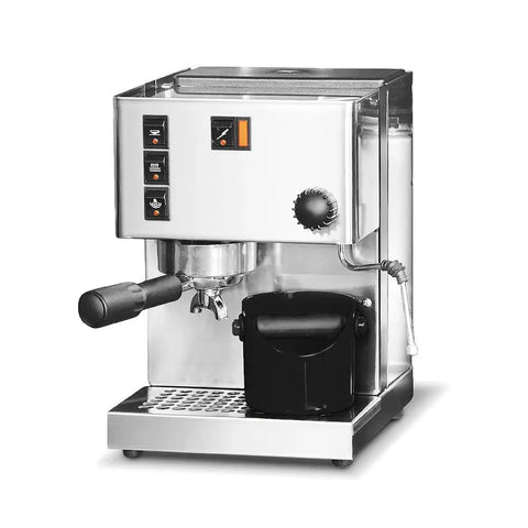Grindenstein Espresso Knock Box placed under espresso machine for compact storage and quick grind dumps in cafes and home bars.