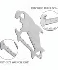 Wallet Sized Stainless Steel Multi Tool Card with utility slot and ruler for travel and daily carry EDC gear for caps opener.
