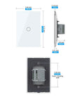 Modern Tempered Glass Wall Switch 3 Way Touch Panel With LED Indicator No Neutral Wire Required Single Live Wire Easy Install Retrofit Ready For Older Homes White 1 Gang 3 Way, front and side dimensions