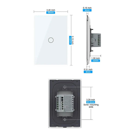 Modern Tempered Glass Wall Switch 3 Way Touch Panel With LED Indicator No Neutral Wire Required Single Live Wire Easy Install Retrofit Ready For Older Homes White 1 Gang 3 Way, front and side dimensions