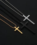 Dope Silver Stainless Steel Cross Necklace For Men, 20 Inch Box Chain Pendant, with gold and black variations on display
