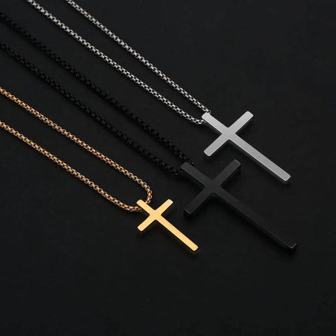 Dope Silver Stainless Steel Cross Necklace For Men, 20 Inch Box Chain Pendant, with gold and black variations on display