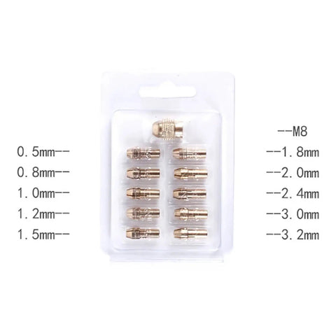 Get Ready For High Power With These 3 Sets Of Mini Drill Brass Collet Chucks in a packaging showing sizes from 0.5mm to 3.2mm.