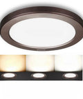 Three Color Temp LED Ceiling Light Flush Mount 15W 1500 Lumens Round Fixture Your Go To Light For Kitchen Bedroom Hallway Closet Stairwell Bronze Finish Adjustable 3000K 4000K 5000K showing three light settings