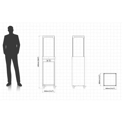Dimensions diagram of Smokeless 360 Degree Propane Patio Heater, 41,000 BTU, 59 Inch Freestanding Glass Tower On Wheels, Clean Glass No Soot