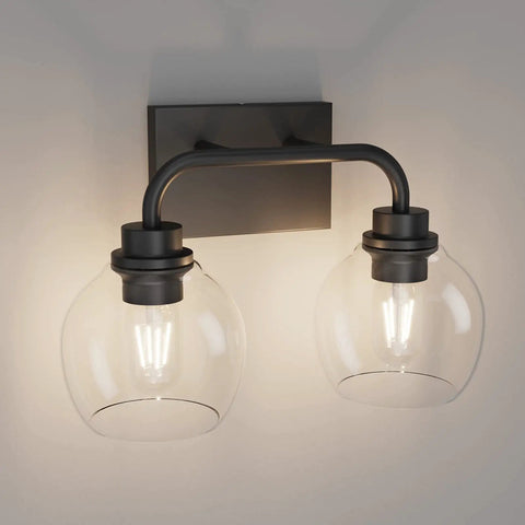 Two Light Industrial Vanity Light Fixtures Over Mirror In Matte Black With Clear Glass Globe Vintage Farmhouse Wall Sconces