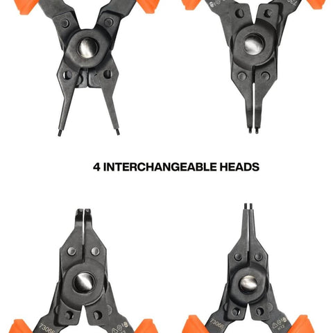6-In-1 Convertible Snap Ring Pliers Set With Four Interchangeable Heads shown in straight, 45-degree, and 90-degree configurations.