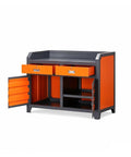 Heavy Duty Badass Workbench With Pegboard And Two Lockable Drawers Plus Sizable Two Tier Shelves For Tough No Sweat Tool Storage In Your Garage Or Workshop Large Setup featuring open drawers and spacious shelves.