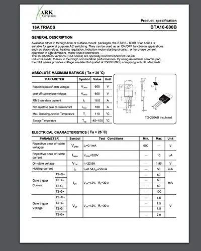 Technical datasheet for a TRIAC component, showing electrical characteristics and absolute maximum ratings.