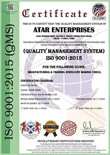 ISO 9001:2015 certification for Atar Enterprises, specializing in manufacturing and trading of jewelry making tools. Valid until 2025.