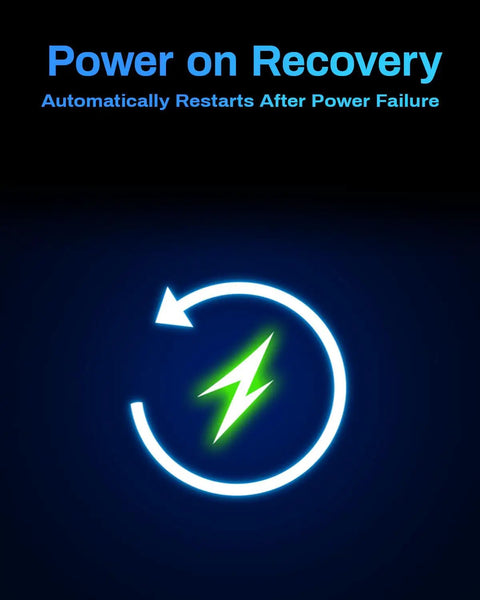 Power on Recovery symbol with circular arrow and lightning bolt, indicating auto-restart feature after power failure.