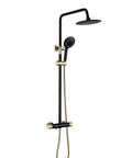 Chill Out With This Top Tier Wall Mounted Shower Set Featuring Adjustable Rain Head, Slick Handheld Wand, Rapid Fill Tub Spout, And Precise Honeycomb Foamer For Zero Stress Bathroom Upgrades. Sleek black and gold design.
