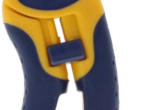 Close-up of Kinetic Reflex T-Stripper 45-915 Wire Stripper highlighting yellow slide lock mechanism and textured grips.
