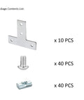 Package contents: 10 Piece Set 1 Inch By 1 Inch T Slot Corner Brackets For 1010 Aluminum Extrusions 90 Degree Right Angle Connectors, bolts, nuts.