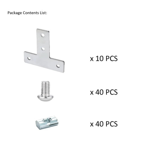 Package contents: 10 Piece Set 1 Inch By 1 Inch T Slot Corner Brackets For 1010 Aluminum Extrusions 90 Degree Right Angle Connectors, bolts, nuts.