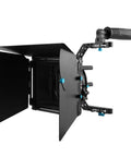 Pro Grade 15mm Rail DSLR Swing Away Matte Box Kit with top handle and quick flags shown from side view
