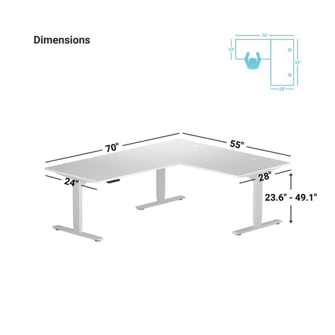 Dimensions of Rock Solid Electric Corner Standing Desk L Shaped 70 By 55 Inch Workstation with height adjustment.