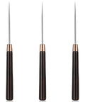 Top Shelf 3 Piece Scratch Awl Tool Set Featuring Sick Ergonomic Wood Grips And Razor Sharp Tips For Leather Crafting Sewing And Fine Woodworking Fixes Kickass Compact Pocket Carry Kit Saves Desk Space, showcasing three scratch awls with wood grips.