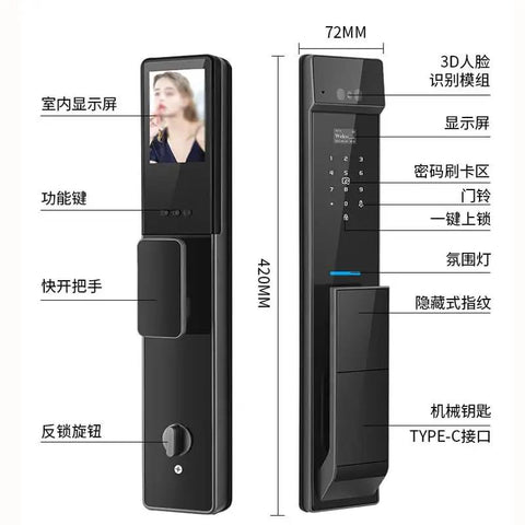 Slick New Smart Entrance Lock With Rapid Fingerprint Access And Solid Password Shield Featuring Wide Angle 3D Face Tracking Remote Video Intercom And Bright Indoor Panel for home security, shown from side with display screen.