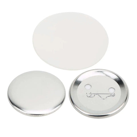 56mm Metal Badge Making Kit With Pin Back Button Parts For DIY Craft Projects And Wearable Badges Includes Tinplate Front Covers And Lightweight Stackable Components For Easy Bulk Storage 100 Sets showing tinplate front covers and pin back parts.