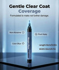 Car Scratch Remover Pen, Quick Touch Up Tool For Cars on display with text highlighting features and dimensions.