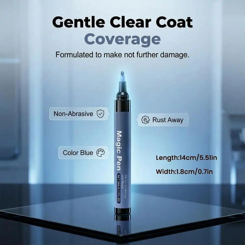 Car Scratch Remover Pen, Quick Touch Up Tool For Cars on display with text highlighting features and dimensions.