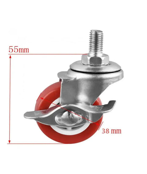 Four Piece Set Furniture Casters With Screw Brake Swivel Wheel M8 Thread Red PVC 38mm Diameter Silent Rolling Castors