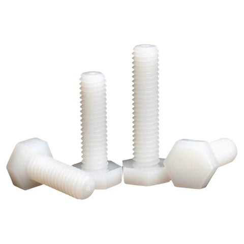 Top Shelf M6x70 Nylon Hex Head Screws Assortment Kit with Nuts and Washers, Chemical Resistant PA66 Plastic Fasteners in white.