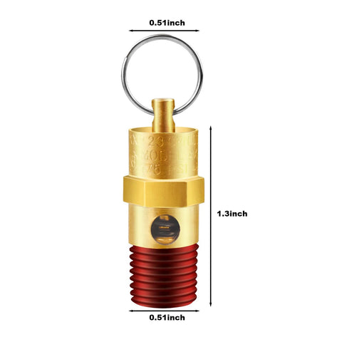 Brass air compressor pressure relief valve with 1/4-in NPT male thread and key ring, 175 PSI