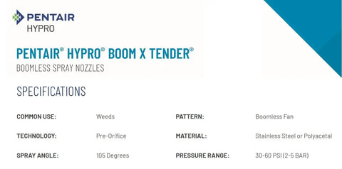 Specifications chart for boomless spray nozzles, common use for weeds, includes pattern, material, and pressure range details.