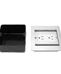 Slick Recessed Floor Power Box Featuring Double Electric Receptacles With Smooth Sliding Cover For Modern Homes, stainless steel and black housing.