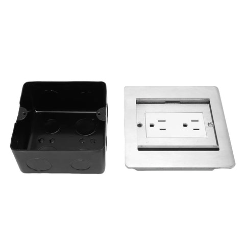 Heavy Duty Recessed Floor Outlet With Two Electrical Receptacles Featuring Double Slide Stainless Steel Build close-up of outlet and box.