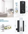 Slick Fingerprint Smart Deadbolt For Front Door Keyless Entry showing dimensions 5.7"x2.5" with keypad and adjustable latch.