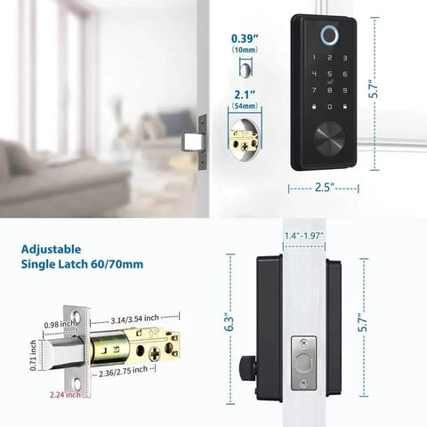 Slick Fingerprint Smart Deadbolt For Front Door Keyless Entry showing dimensions 5.7"x2.5" with keypad and adjustable latch.