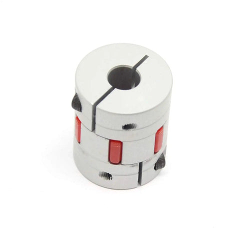2 Pack Plum Shaped Aluminum Flexible Shaft Couplers 8mm To 10mm Bore D25 Length 30mm with red inserts, shown close-up