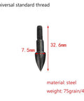 Close-up of a black steel arrow tip with dimensions for 24 Pcs Archery Field Points 75 Grain Screw In Arrow Tips For Target Practice And Hunting Pro Grade Gold Copper Field Points And Black Steel Tips Universal Thread Durable Replaceable Arrowheads.