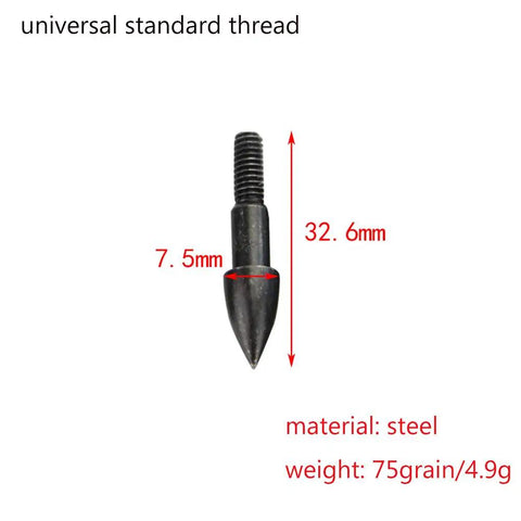 Close-up of a black steel arrow tip with dimensions for 24 Pcs Archery Field Points 75 Grain Screw In Arrow Tips For Target Practice And Hunting Pro Grade Gold Copper Field Points And Black Steel Tips Universal Thread Durable Replaceable Arrowheads.